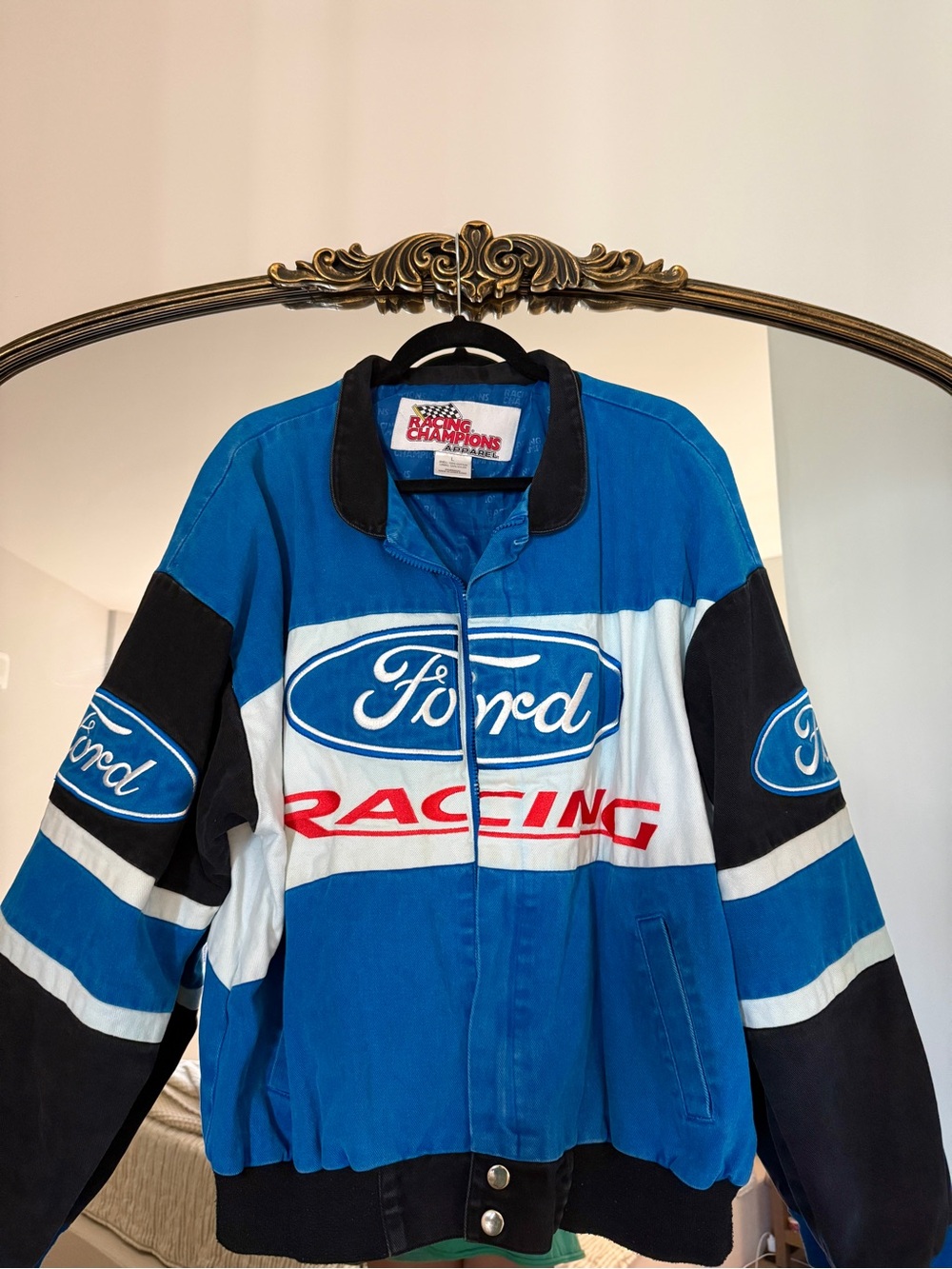 Vintage Ford Racing Men's Blue and Black Racing Jacket size L